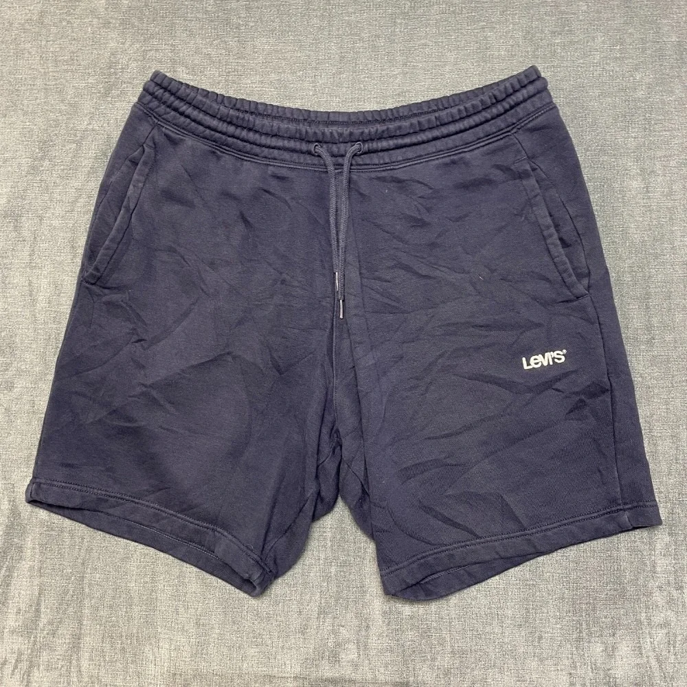 Levi's Sweat Shorts Mens Medium Navy Blue Logo Fleece Lined Flat Front Mid Rise